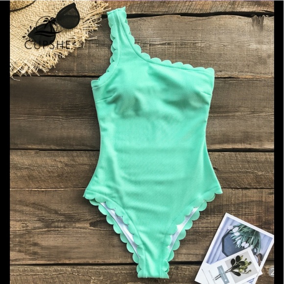 Cupshe Swim Cupshe Solid Aqua Scallop Oneshoulder Onepiece Poshmark